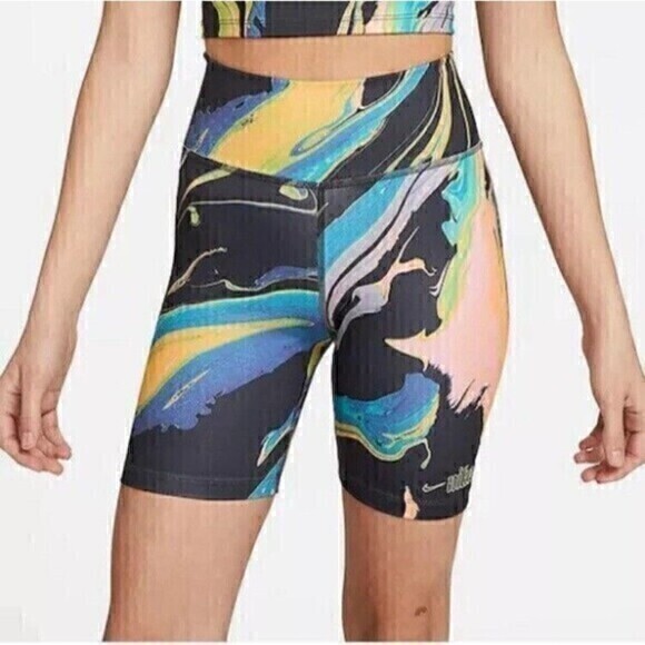 Nike Dri Fit Shorts Womens Small Black Blue Tight Fit Running Pull On Bike Short - Picture 1 of 12